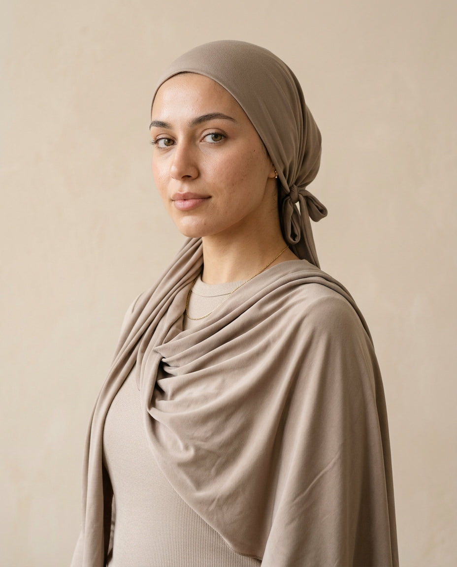 Sous-hijab Confort milk silk coloris taupe, porté