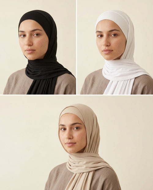 Le Trio Essentiel SANA, trois sous-hijabs milk silk noir blanc beige